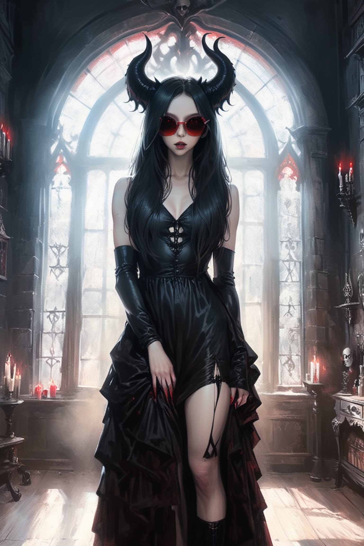 sexy naugthy pale skin demon  girl  with oversized red sunglesses,long  hair ,  ,  , wearing latex outfitt, dark atmosphere.

(room has gothic walls with creepy decorations, candels , gothic furniture:1.1)  

( young face:1.2),
modern, (high detailed skin:1.2), 8k uhd, dslr, soft lighting, high quality, film grain, Fujifilm XT3 ,  , relaxing, long hair, ,sooyaaa,detailmaster2,more detail XL,Anime 