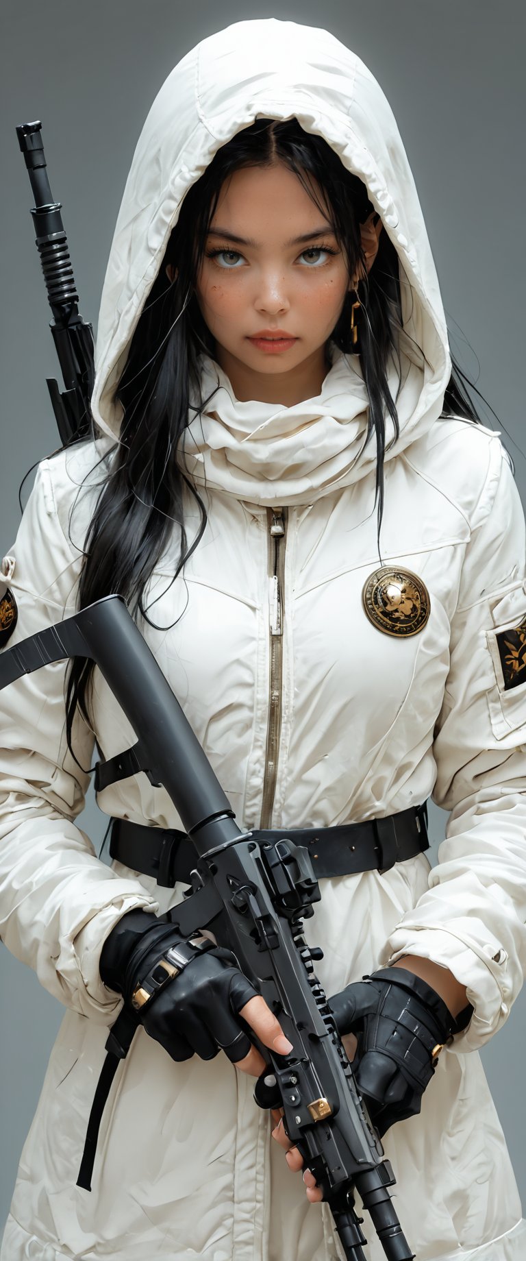 1girl, solo, long hair, looking at viewer, bangs, simple background, black hair, gloves, holding, jewelry, jacket, weapon, earrings, hood, fingerless gloves, holding weapon, see-through, gun, grey eyes, piercing, white jacket, ear piercing, holding gun, black nails, rifle