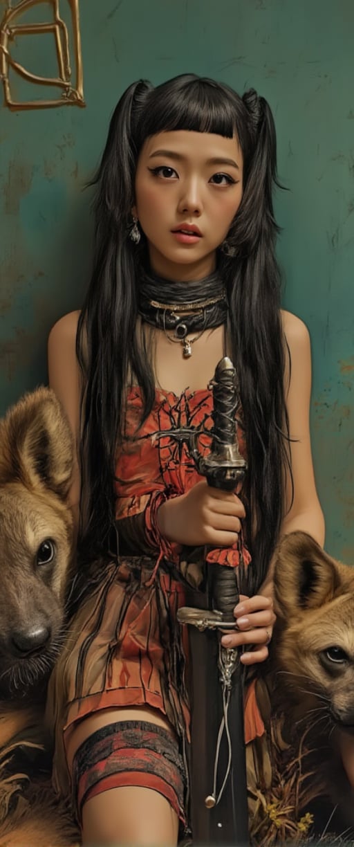 Close-up shot of a stunning 20-year-old Japanese-inspired pop art style anime girl, donning long black hair with blunt bangs and striking red eyes. She wears a pleated skirt and thigh strap, adorned with jewelry and nail polish. The girl's elf ears add a touch of whimsy as she confidently holds a sword, seated alongside two hyenas. Her gaze directly addresses the viewer, exuding a sense of realism and confidence in her unique identity., ct-visual_v4