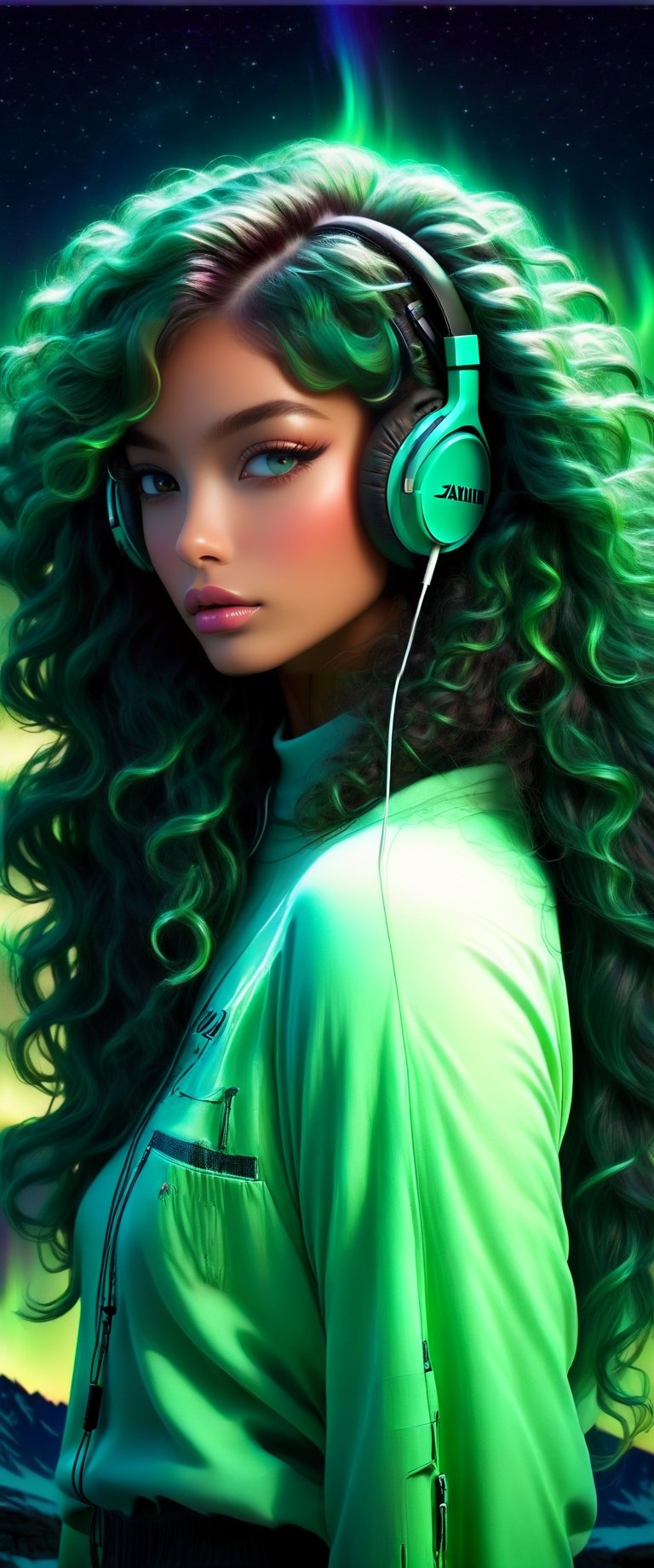full body, symmetrical face, perfect realistic green eyes, (female hair made of fine multicolored neon, green curls:1.5), (long thin hair made of multicolored neon strands, wearing headphones, serene expression, enjoying music, realism, ultra high resolution, 8k, HDr, art, high detail, , art, detailed background full moon, stars, nebula, northern lights, zoomed out
