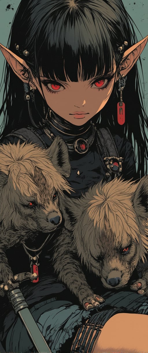 Close-up shot of a stunning 20-year-old Japanese-inspired pop art style anime girl, donning long black hair with blunt bangs and striking red eyes. She wears a pleated skirt and thigh strap, adorned with jewelry and nail polish. The girl's elf ears add a touch of whimsy as she confidently holds a sword, seated alongside two hyenas. Her gaze directly addresses the viewer, exuding a sense of realism and confidence in her unique identity., ct-skyzo_identity