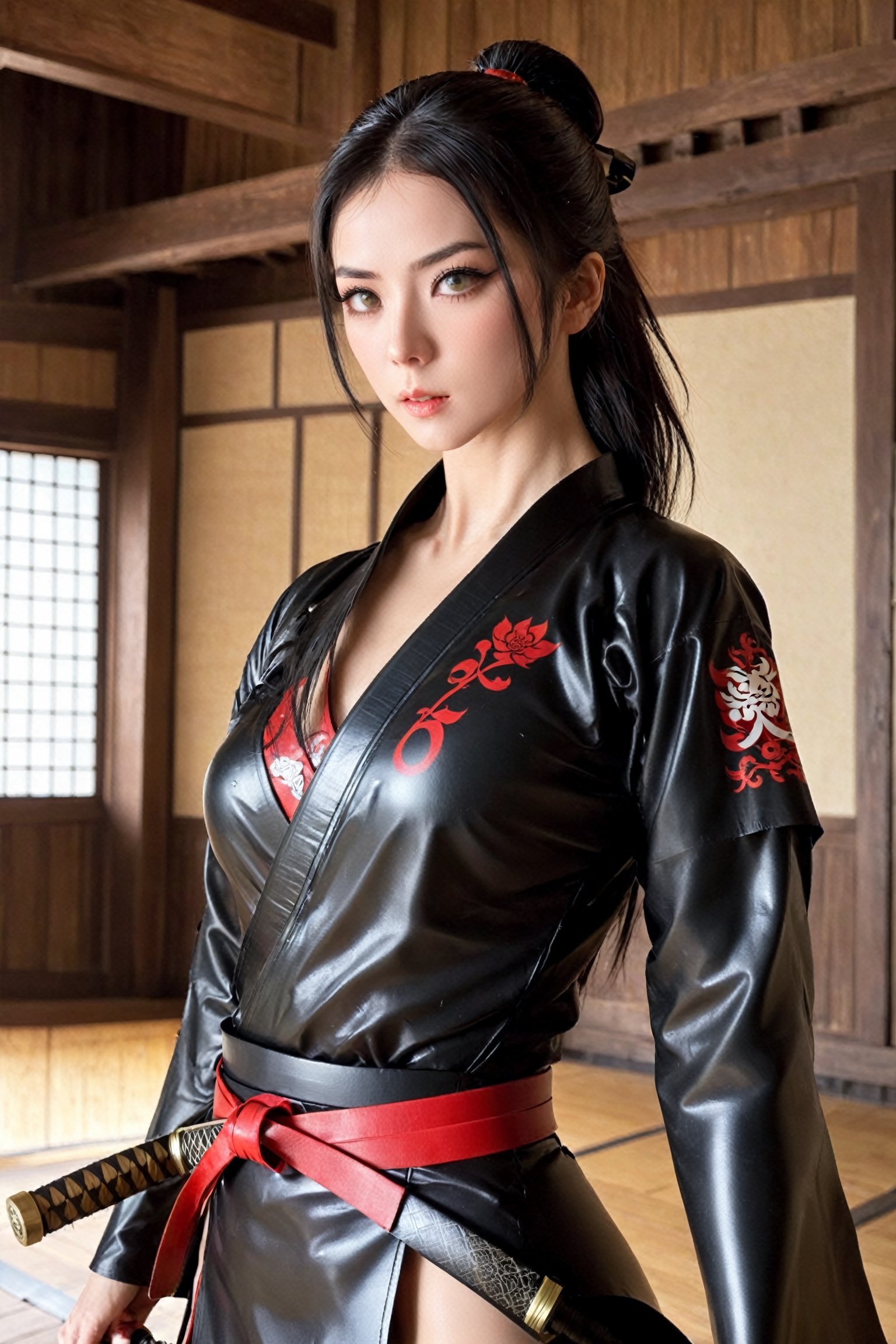  sexy woman   [ medieval samurai]  in a  [dojo], latex  , katana, , designed by mike mingola,aw0k nsfwfactory,aw0k magnstyle,danknis,sooyaaa,Anime ,dlwlrma,,beyond_the_black_rainbow,roborobocap,anime