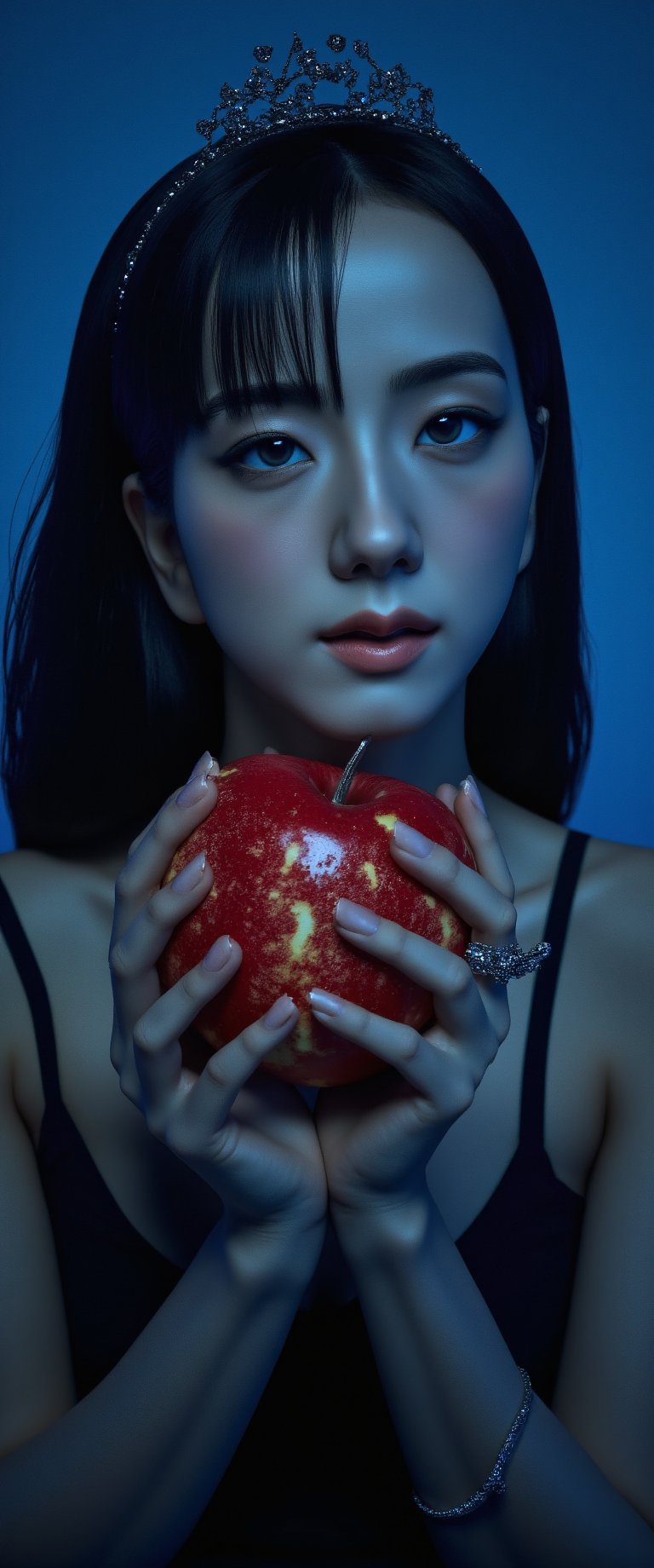 A cinematic close-up shot of a single girl with long, flowing hair and piercing blue eyes, gazing directly at the viewer. Dimly lit, the scene is bathed in misty, realistic lighting that accentuates her features. Her bangs frame her face as she holds a juicy red apple, its sparks catching the light. Chiaroscuro highlights the contours of her upper body, where she wears elegant earrings and a delicate crown. Freckles dance across her cheeks as her lips curve into a subtle smile. The blue background adds depth to the composition, with the dark tones creating a sense of mystery., ct-jissoo