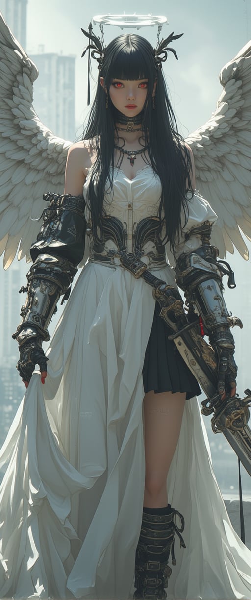 A majestic warrior maiden stands majestically in a photorealistic shot on a Canon EOS R6. Her long, black hair cascades down her pale skin as she gazes directly at the viewer with piercing red eyes. A pair of earrings adorns her neck, and she wears a stunning pleated skirt with a thigh strap and high-heeled platform sandals. In one hand, she holds a sword while her other hand cradles a white dress that appears to be glowing in the cinematic lighting. Her bangs are blunt and frame her face as she wears a frilled dress with angel wings spread wide, evoking a sense of ethereal power. The background features a misty cloud with a building silhouette, creating a dreamlike atmosphere. On her bare shoulders, she sports a pair of black gloves with a subtle halo surrounding her head. A pair of red nails adds a pop of color to her overall design, complete with the CTMAKER logo subtly incorporated into the scene.