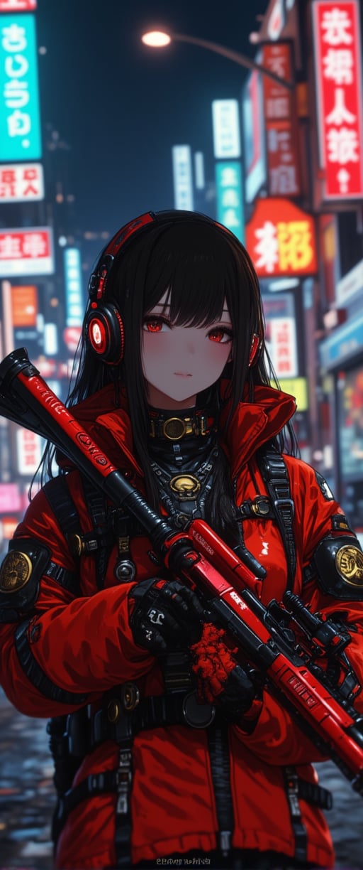 cyberpunk anime, stunning Japanese woman wearing red and black sci-fi power armour, headphones, dark eyeshadow, holding assault rifle on cyberpunk street at night, neon signs and advertising, bokeh, side lighting,ct-physmstyle