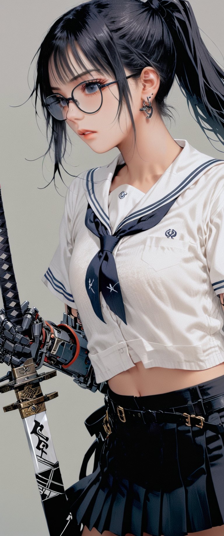 1girl, solo, long hair, bangs, skirt, shirt, black hair, navel, holding, jewelry, school uniform, white shirt, ponytail, weapon, short sleeves, pleated skirt, earrings, glasses, serafuku, midriff, belt, sword, black skirt, sailor collar, grey background, holding weapon, black eyes, from side, tattoo, holding sword, katana, sheath, mechanical arms, single mechanical arm