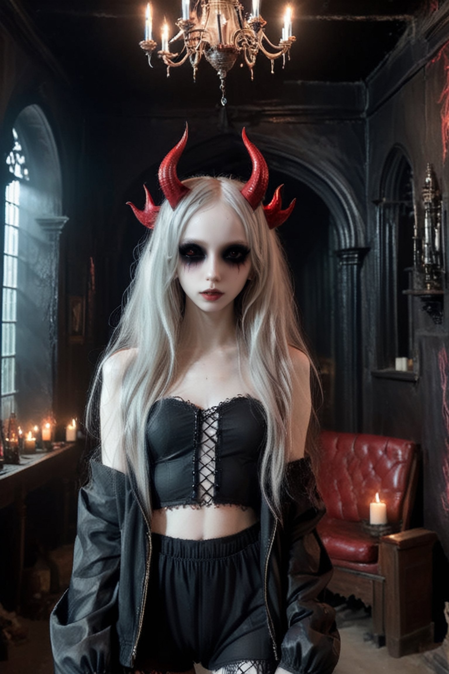 young pale skin demon  girl  with oversized red sunglesses,long messy hair , hair ,  , wearing latex outfitt, dark atmosphere.

(room has gothic walls with creepy decorations, candels , gothic furniture:1.1)  

( young face:1.2),
modern, (high detailed skin:1.2), 8k uhd, dslr, soft lighting, high quality, film grain, Fujifilm XT3 ,  , relaxing, long hair, ,sooyaaa,detailmaster2,more detail XL,Anime 