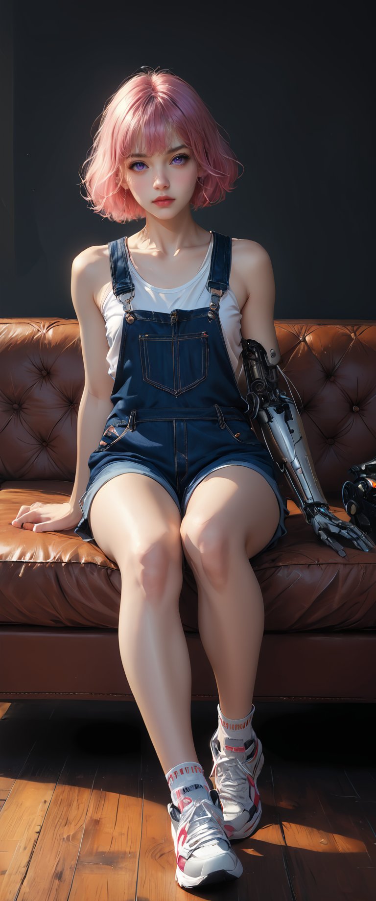 score_9, score_8_up, score_7_up,Masterpiece, highest quality 1girl, solo, looking at viewer, bangs, sitting, purple eyes, full body, pink hair, shoes, medium puffy sofa, sofa, white footwear, tank top, robot, sneakers, science fiction, realistic, overalls, mechanical arms, cyborg, single mechanical arm, prosthesis, mini robots arround,anime,dal-1
