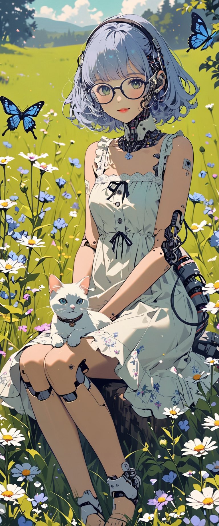 cyborg gil with mechanical joints ,sitting in an open meadow, wild flowers and butterflies all around, happy, short light blue hair, cute summer dress, her little black and white cat sits beside her, glasses,  intricate details,Dark Manga of,Dark Anime of,ft,ct-jeniiii