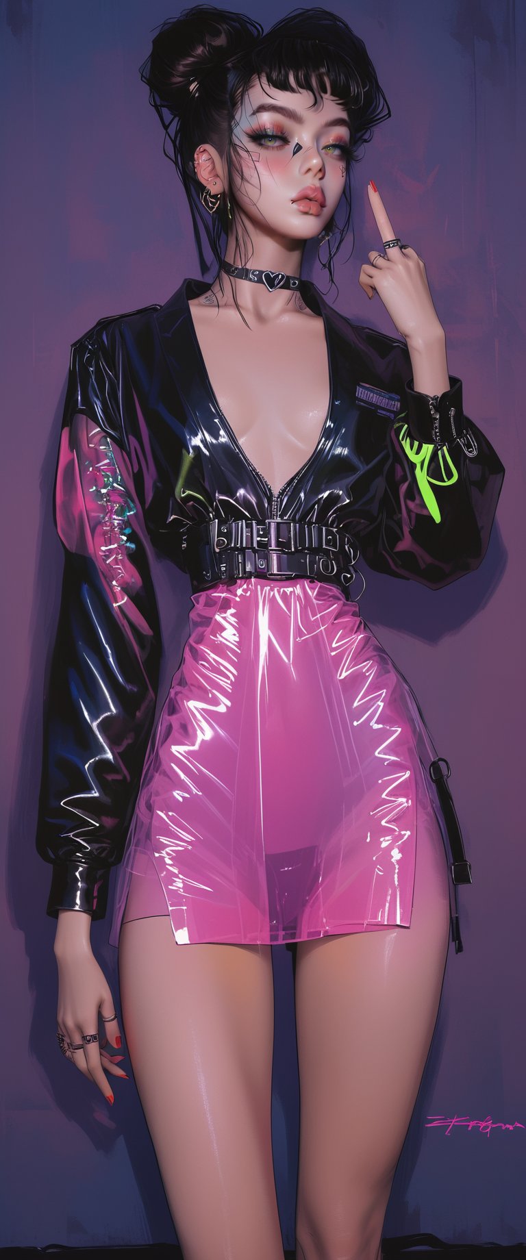 A cyborg girl posing seductively in a smoky cyberpunk nightclub. She's wearing a black leather jacket with glowing blue circuits and a plunging neckline, her eyes gleaming like neon lights in the dark. The walls are adorned with retro-futuristic advertisements and pulsating holographic displays. She extends her index finger, giving a sly heart sign to the camera, her bright red nails glistening under the strobing lights.