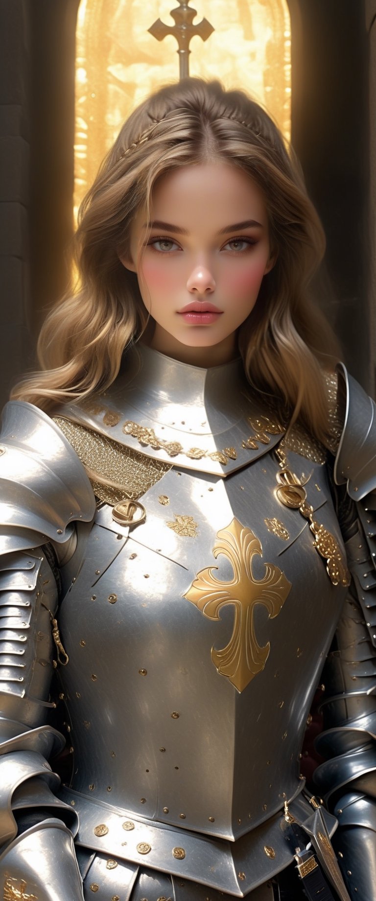  ((1 young and beautiful woman)), absurdres, (8k, best quality, masterpiece:1.2), professional photograph, dramatic light, (finely detailed face), female knight wearing a full suit of filigree silver armor, holding a shield (family crest, intricate design) in one hand, holding sword of gold in other hand, , castle interior background,
