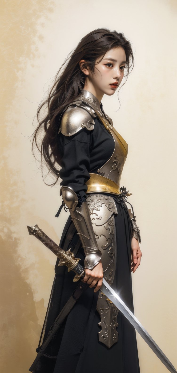 1girl, yellow_hair, red_eyes, yellow theme, monochrome, standing, dress armor, simple_background, yellow_background, looking away, holding sword, full body, closed mouth, from below,