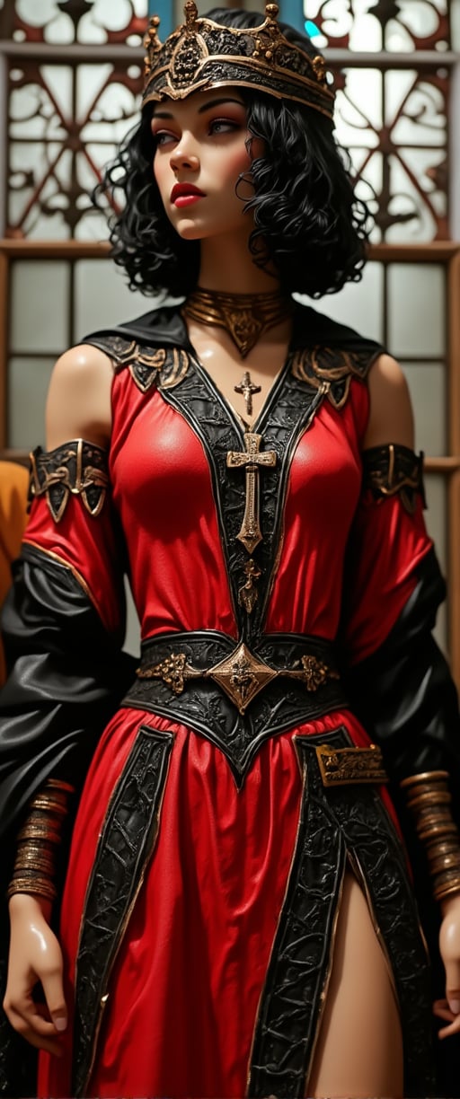 a medium-sized statue of a female warrior is depicted. She is dressed in a vibrant red and black outfit, adorned with a black belt and a black crown. Her black hair is styled in a bob, adding a pop of color to her face. The statue is adorned with gold accents, including a cross and a cross on her chest. She has a serious expression on her face, and her eyes are focused on something in the distance. Her hands are positioned on either side of her body, while her arms are draped over her shoulders. She stands in front of a stained glass window, with intricate designs on it.