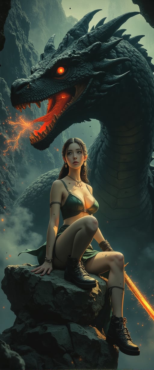 A mystical scene unfolds within a dark, eerie dragon's liar: a powerful woman sits atop a massive stone, her green corset and brown belt accentuating her presence as she cradles a luminous dragon's egg. A colossal black dragon looms before her, its open mouth revealing a fiery red tongue. The woman wields a sword in her right hand, surrounded by a subtle mist illuminated by dancing sparks. Wet stone reflections create an eerie atmosphere, while chiaroscuro lighting casts deep shadows to add dimensionality.,ct-chainb