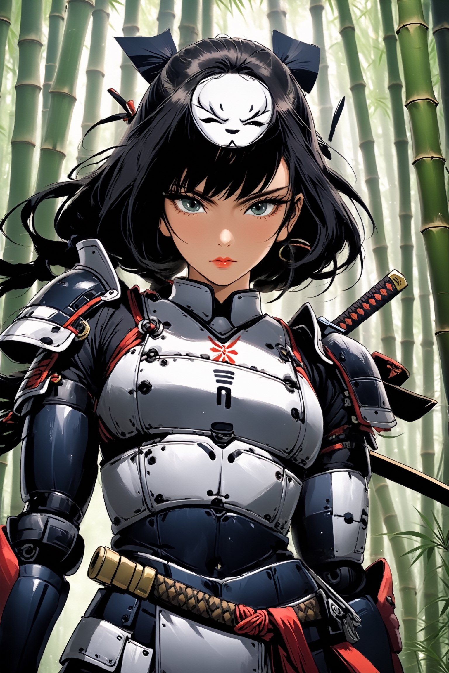 poster of a sexy woman  [samurai]  in a  [bambu forest ], midnight , eye angle view, designed by mike mingola,aw0k nsfwfactory,aw0k magnstyle,danknis,sooyaaa,Anime ,cyborg style