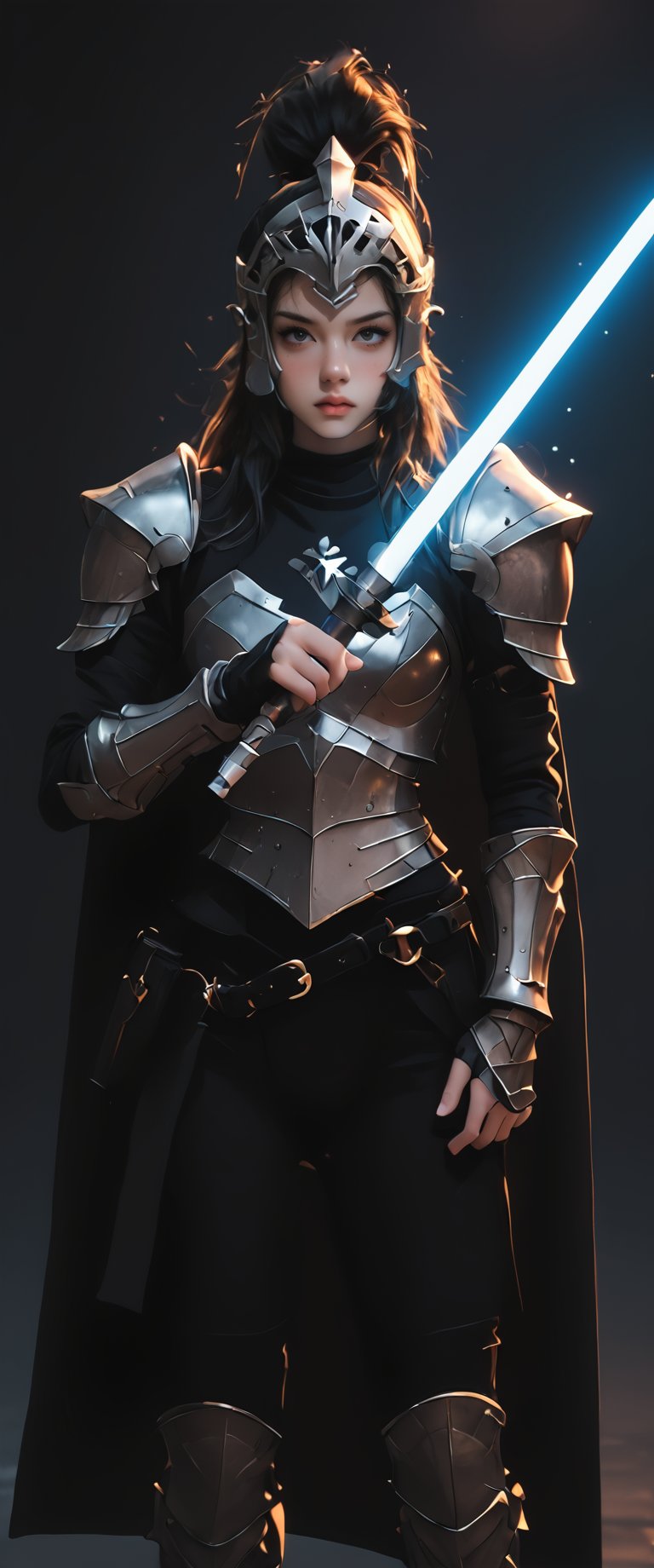 solo, 1girl, holding, standing, weapon, female focus, sword, cape, holding weapon, armor, glowing, holding sword, helmet, cross, shoulder armor, gauntlets, 1other, pauldrons, breastplate, knight, full armor, ambiguous gender, energy sword, lightsaber