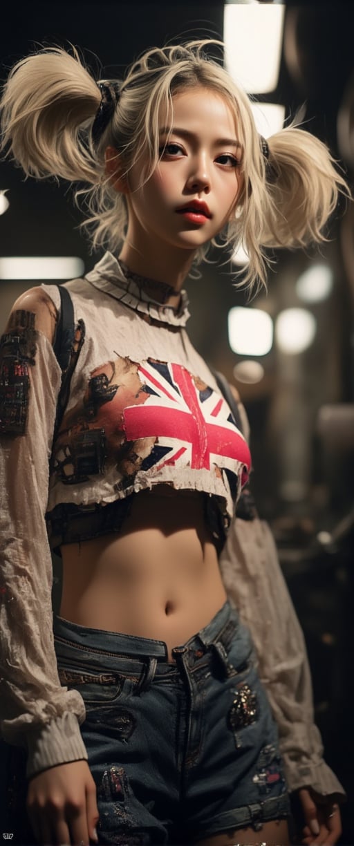  This image is a highly detailed, realistic digital painting of a woman standing in a gritty, rundown room. She is a young woman with a pale, athletic build and light skin, wearing a punk-inspired outfit. She has platinum blonde hair styled in two high pigtails. Her outfit includes a white crop top with the Union Jack flag emblazoned on the chest, which is torn and revealing her midriff.