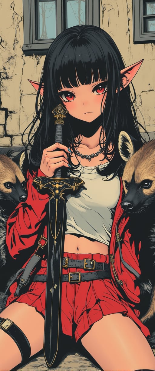 Close-up shot of a stunning 20-year-old Japanese-inspired pop art style anime girl, donning long black hair with blunt bangs and striking red eyes. She wears a pleated skirt and thigh strap, adorned with jewelry and nail polish. The girl's elf ears add a touch of whimsy as she confidently holds a sword, seated alongside two hyenas. Her gaze directly addresses the viewer, exuding a sense of realism and confidence in her unique identity.