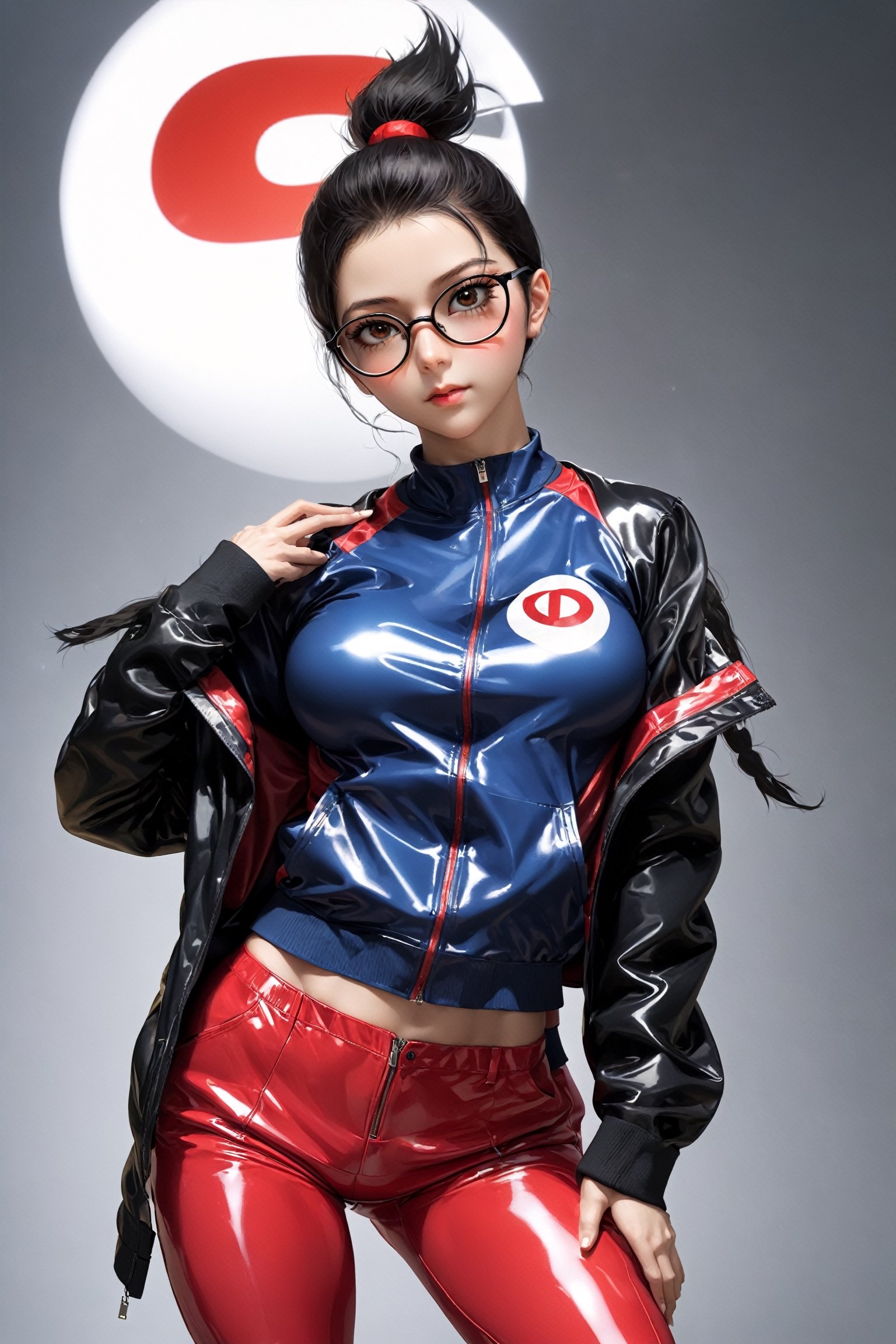 poster of a sexy   [satou sakie, glasses, track jacket, red pants, large breasts  ], ,  very_high_resolution, latex clothing uniform, eye angle view,  , designed by  Dave Mckean,aw0k nsfwfactory,aw0k magnstyle,danknis,sooyaaa,Anime ,IMGFIX

