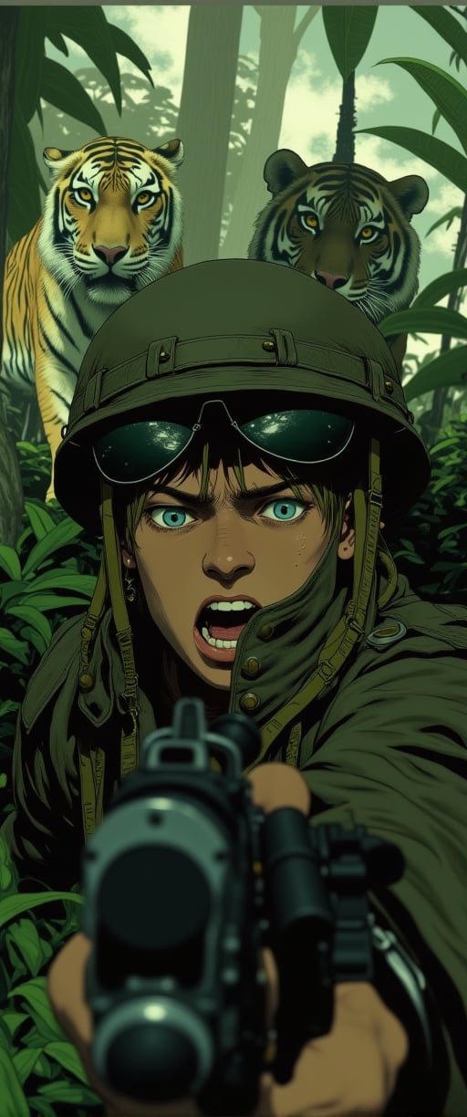 Vietnamese Jungle Ambush: A close-up shot frames a Marine's terrified face, his eyes wide with fear as he cautiously approaches the viewer, rifle at the ready. His camouflage fatigues and helmet blend seamlessly into the dense jungle surroundings, thick foliage and towering trees looming in the background. Unseen to him, a stealthy tiger stalks from afar, its piercing gaze fixed on the soldier. The air is heavy with tension as the viewer becomes aware of the predator's proximity, its eyes locked onto the unsuspecting Marine.,ct-anime55,ct-physmstyle