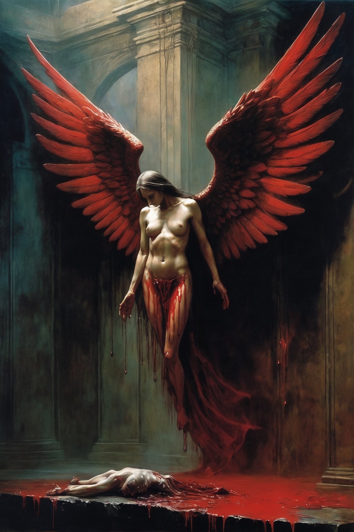 A chilling depiction of a menacing fallen angel  in a dark and atmospheric setting, with blood dripping from its wings. The artwork should be highly detailed and realistic, utilizing dynamic lighting and shadows to enhance the horror element. The color palette should be dark and moody, with hints of red to emphasize the presence of blood. By renowned artists such as H.R. Giger, Zdzisław Beksiński, and Brom. Resolution: 4k.,,aw0k euphoric style,EpicSky,P1980,xxmixgirl