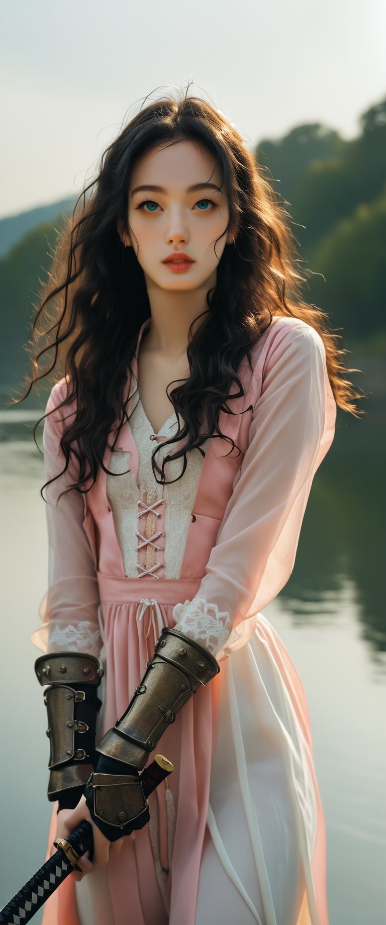 A majestic warrior emerges from a misty landscape. A single girl stands proudly, her long, flowing locks cascading down her back like a river of night. Her piercing blue eyes lock onto the viewer's gaze, radiating confidence and determination. She wears a pink-hued bodysuit, adorned with gleaming armor pieces and gauntlets that hold her katana in a majestic sheath on her back. The sword rests securely, its handle visible just above her right thigh, creating a tantalizing gap between the folds of her armor. Her expression is one of unyielding ferocity, as if ready to charge into battle at a moment's notice.