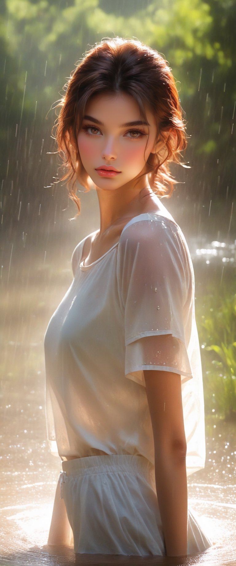 masterpiece, best quality, outdoors, field, grass, forest, rain, water drop,one girl, solo, looking at viewer, brown hair, brown eyes, flower, hair flower, hair ornament, shirt, white shirt, collarbone, short sleeves, t-shirt, off shoulder, oversized shirt, naked shirt, oversized clothes, see-through silhouette, see-through shirt, arm behind back ,nipple chain,wetshirt,full body ,shirt,detailed eyes, intense eyes,Long Shot View,Young beauty spirit ,best quality,xxmixgirl,Nice legs and hot body,NSFW
,goyoonjung