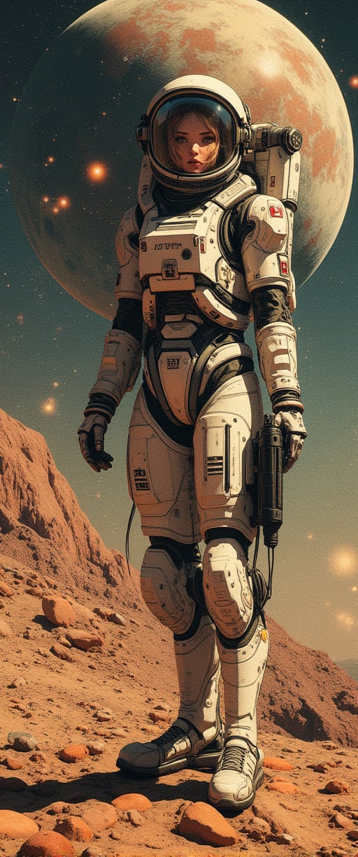 ,(ultra realistic,32k, masterpiece:1.2),(high detailed skin:1.1),( high quality:1.1), (masterpiece, best quality), best quality, masterpiece, photorealistic, ultrarealistic, professional photograph shot on Canon EOS R6, More detail,) a woman in a spacesuit with a gun in front of a planet, Style of Jim Burns, Retro-Science-Fiction-Art, cyborg goddess in cosmos, Greg Beeple, Vintage Science-Fiction-art, 7 0 s Sci-Fi-art, Frank Kelly Freas, 1 9 8 0 s Retro-Science-Fiction-art.,wonder beauty,Enhanced all,Anime Style

, ,jisosmile,ct-identity,vntgfnts style,low quality 1980 movie screengrab,lowres,cinematic,film grain,blurry,,cyberpunk