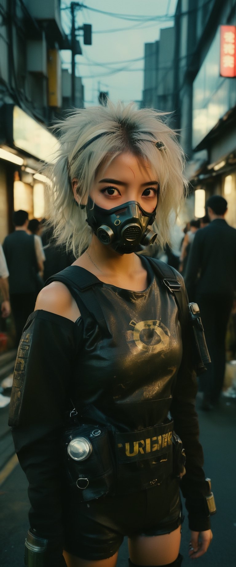 1 young and beautiful girl:1.2)), absurdres, (8k, best quality, masterpiece:1.2), professional photography, dramatic light, (finely detailed face:1.2),(((,There is a woman with white hair and  a gas mask  on the street, post apocalyptic Tokyo, set in post apocalyptic Tokyo, gloomy apocalyptic style, cyberpunk photo, anime style mixed with Fujifilm, Cyberpunk Hiroshima, hyperrealistic cyberpunk style, cyberpunk streetwear, cyberpunk grunge, en cyberpunk aesthetic, cyberpunk streets in japan, in cyberpunk style, cyberpunk horror style, in the cyberpunk city))),angry, latex uniform, eye angle view, ,aw0k nsfwfactory,aw0k magnstyle,danknis,sooyaaa,Anime,dlwlrma,