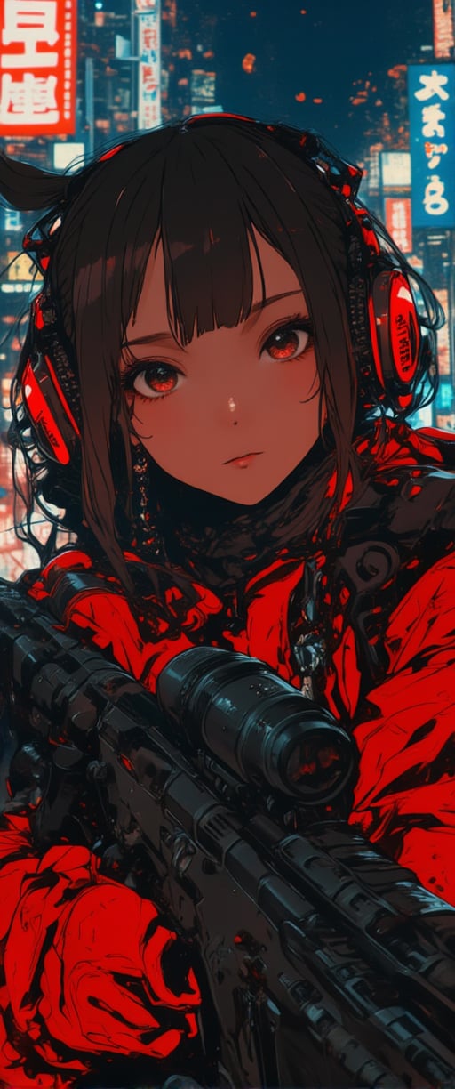 cyberpunk anime, stunning Japanese woman wearing red and black sci-fi power armour, headphones, dark eyeshadow, holding assault rifle on cyberpunk street at night, neon signs and advertising, bokeh, side lighting,ct-physmstyle