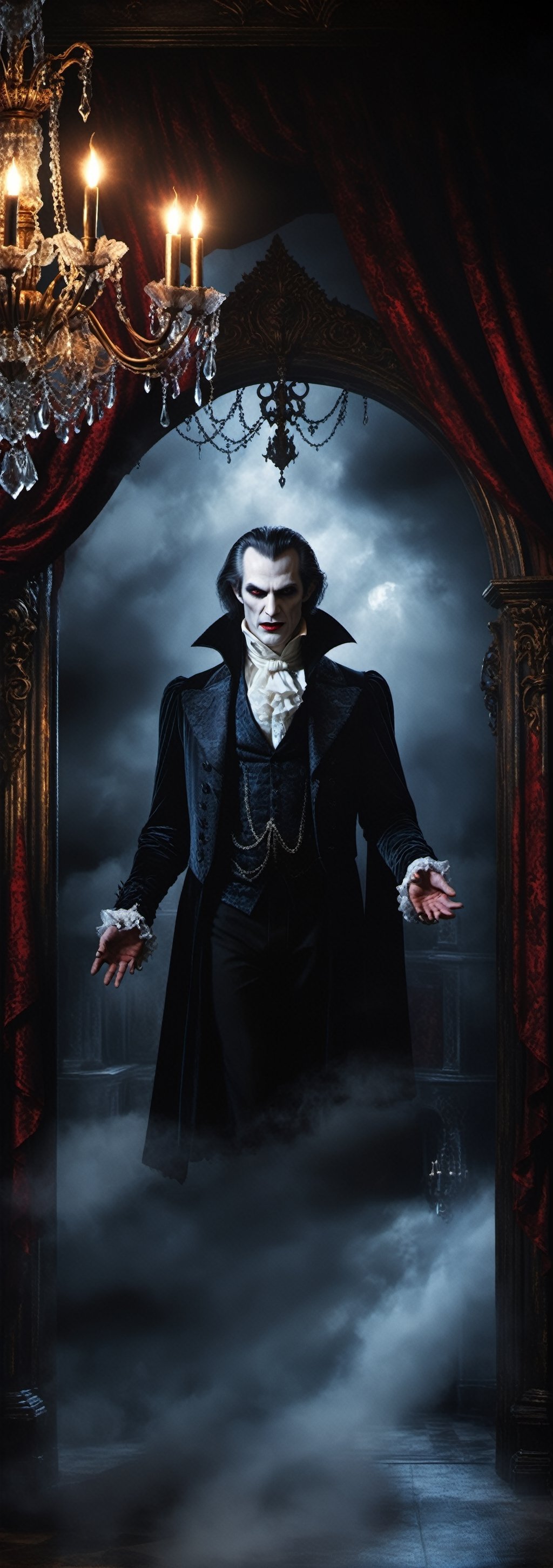 photorealistic, horror art,  close-up vampire lord deceptively welcoming you into his abode, dark, chandeliers, mist