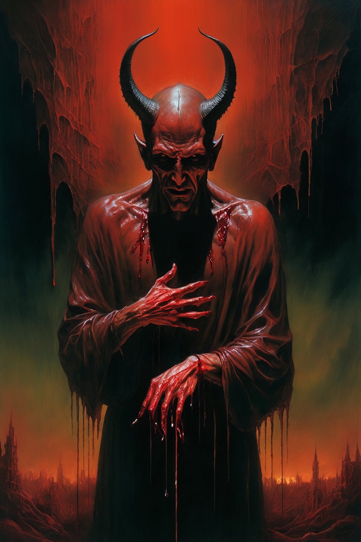 A chilling depiction of a menacing the devil   in a dark and atmospheric setting, with blood dripping from his hands. The artwork should be highly detailed and realistic, utilizing dynamic lighting and shadows to enhance the horror element. The color palette should be dark and moody, with hints of red to emphasize the presence of blood. By renowned artists such as H.R. Giger, Zdzisław Beksiński, and Brom. Resolution: 4k.,,aw0k euphoric style,EpicSky,P1980,xxmixgirl,FilmGirl,Niji Slime