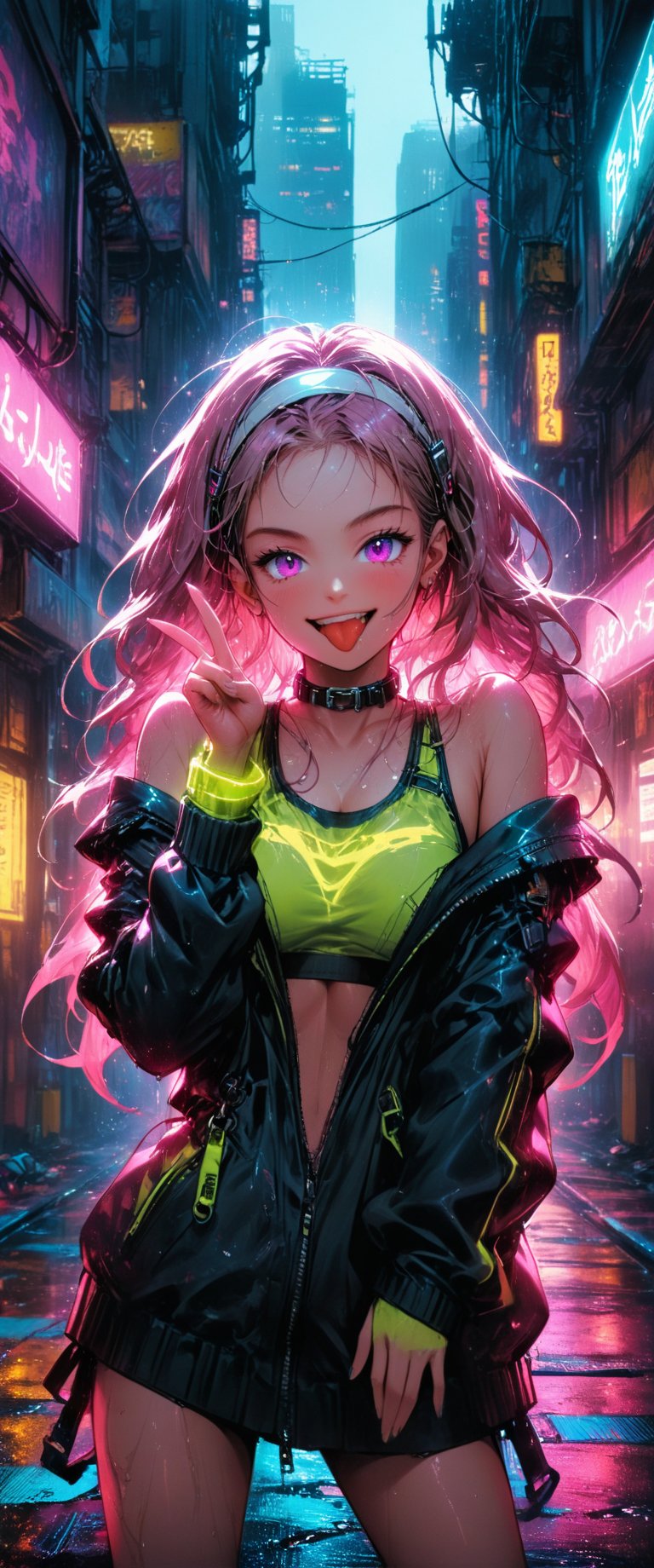 In a vibrant, neon-lit cityscape, a young woman with long, wavy hair and a mischievous grin, stands confidently amidst the urban night. She wears a black vinyl jacket, adorned with chunky chains and a collar of tiny tachuelas. Her white headband is tied around her forehead, holding back her wet locks. A DRONE 26K inscribed yellow tank top clings to her toned physique.

As she proudly holds up her hand in a V sign near her face, two purple hearts are painted on her cheeks, matching the playful tone of her outstretched tongue. Her large, rounded pink earrings bounce with each subtle movement.

The city's towering skyscrapers and bustling streets provide a futuristic backdrop, with neon lights reflecting off the wet pavement. The atmosphere is electric, capturing the carefree essence of this rebellious cyberpunk heroine, standing tall and unapologetic in her freedom and joy.