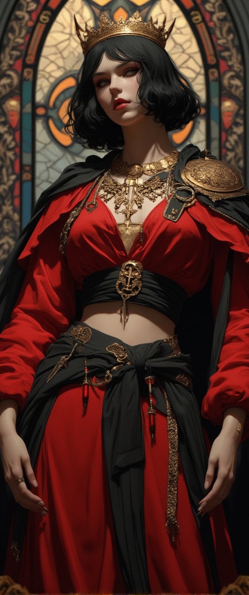 a medium-sized statue of a female warrior is depicted. She is dressed in a vibrant red and black outfit, adorned with a black belt and a black crown. Her black hair is styled in a bob, adding a pop of color to her face. The statue is adorned with gold accents, including a cross and a cross on her chest. She has a serious expression on her face, and her eyes are focused on something in the distance. Her hands are positioned on either side of her body, while her arms are draped over her shoulders. She stands in front of a stained glass window, with intricate designs on it.

, ct-skyzo_identity,,