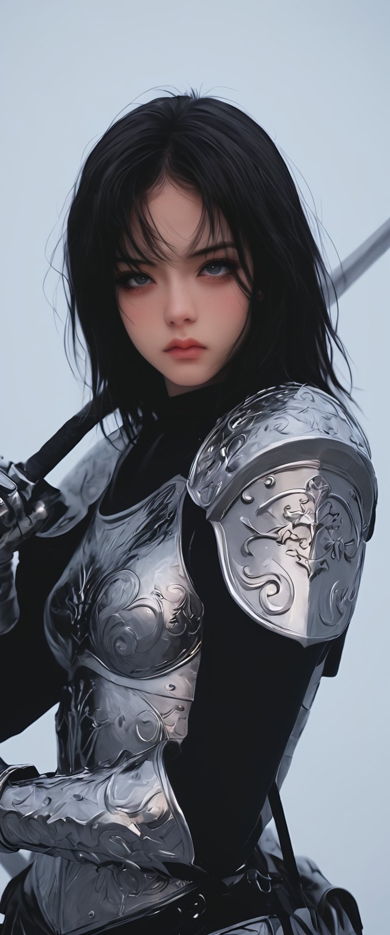 1girl, solo, looking at viewer, black hair, white background, holding, closed mouth, weapon, sword, medium hair, armor, helmet, cross, shoulder armor, gauntlets, headwear removed, pauldrons, breastplate, helmet removed