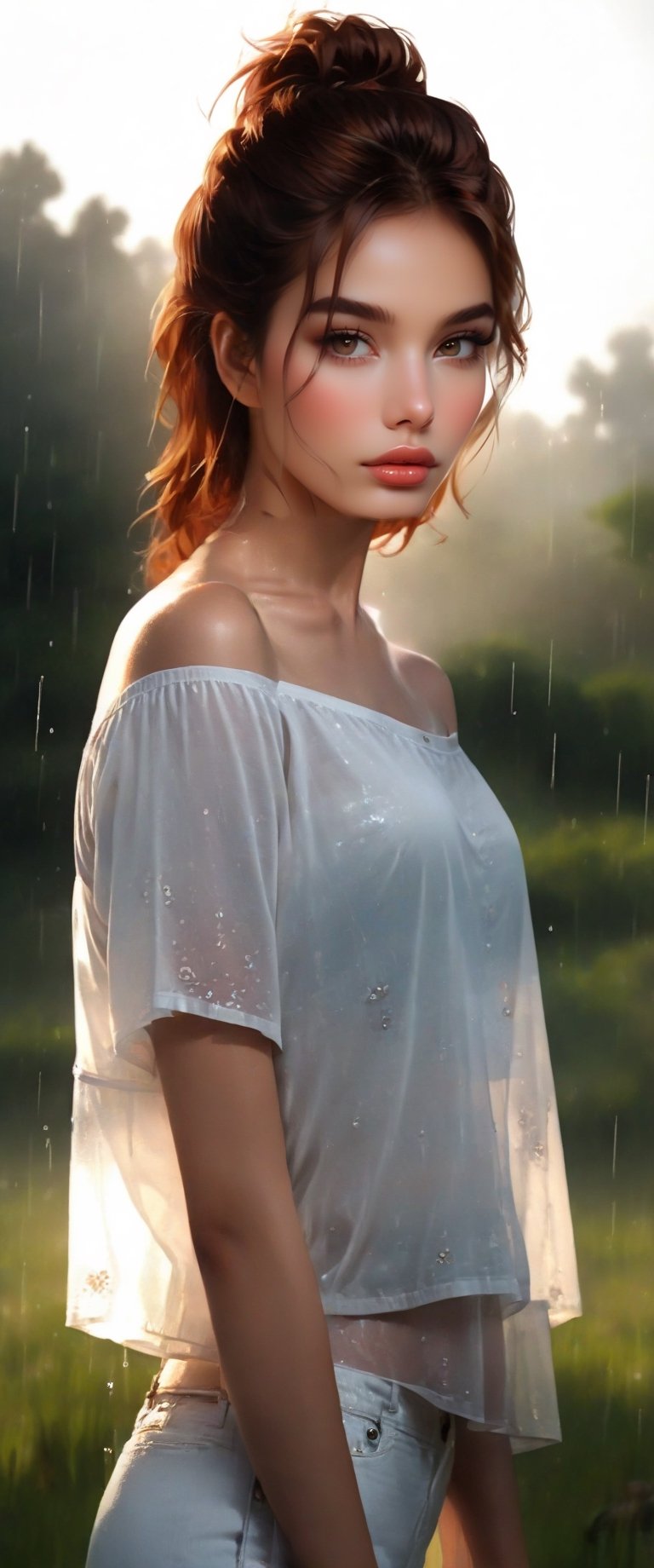 masterpiece, best quality, outdoors, field, grass, forest, rain, water drop,one girl, solo, looking at viewer, brown hair, brown eyes, flower, hair flower, hair ornament, shirt, white shirt, collarbone, short sleeves, t-shirt, off shoulder, oversized shirt, naked shirt, oversized clothes, see-through silhouette, see-through shirt, arm behind back ,nipple chain,wetshirt,full body ,shirt,detailed eyes, intense eyes,Long Shot View,Young beauty spirit ,best quality,xxmixgirl,Nice legs and hot body,NSFW
,goyoonjung,minsi