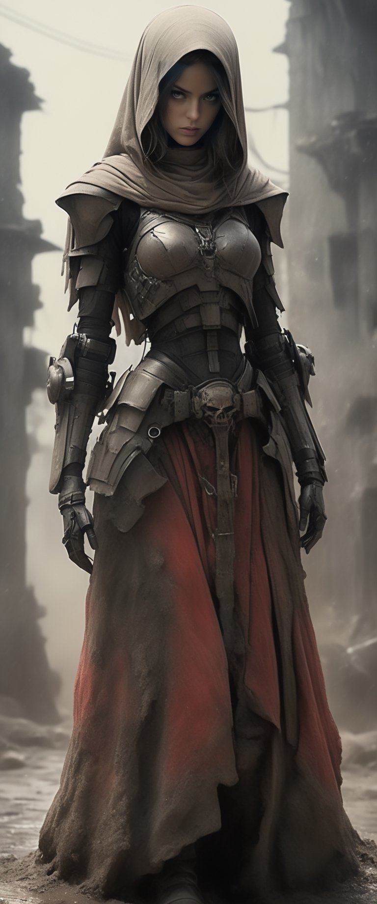 masterpiece, biomechanical legs, combat nun warriror, angry ,, stands arms on hips, red hood, combat ready in an dusty city post apocaliptic ruins, covered in dust, antion shot, movie still, volumetric light, dark and moody style, tense athmosfere, intrincate details, ultra high detallieded, Shattered Armor, rainy, mud,digital artwork by Beksinski,hubg_mecha_girl,darkart,princess