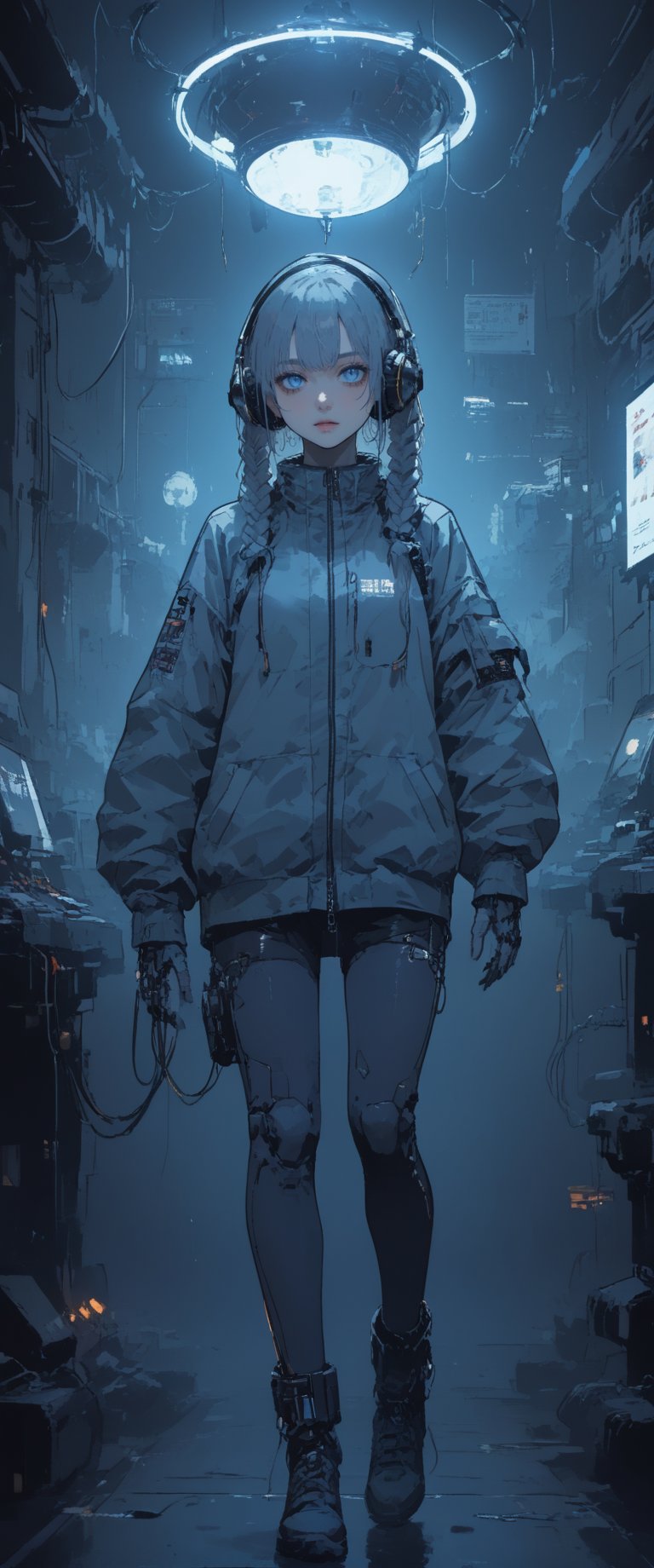 Create a detailed illustration of a young girl in a futuristic, cyberpunk environment. The young woman must have a unique and striking style, with the following characteristics:

Hair:

Bright blue color.
Braided into two long braids that fall in front of her shoulders.
Face:

Delicate and youthful, with large and expressive eyes.
A mark or tattoo in the shape of small stars under one of her eyes.
Outfit:

A loose white or light gray suit, with stitching and zipper details.
The suit should appear functional and designed for technological or exploratory activities.
Equipment:

A large, technological helmet with the inscription "utron
The helmet should have large round headphones on the sides, connected with cables and lights, and an antenna.
One of the young woman's arms must be a robotic prosthesis, with cables, connectors and visible mechanical parts. The robotic hand should have a cracked, luminous sphere.
Background and Environment:

A busy place, such as a convention or technology fair, with people out of focus in the background.
Bright lighting, with neon lights and reflections to add to the futuristic atmosphere.
The image should capture the essence of the cyberpunk style, with a mix of technological and human elements, and an artistic touch reminiscent of comic or manga art., m3,txznmec