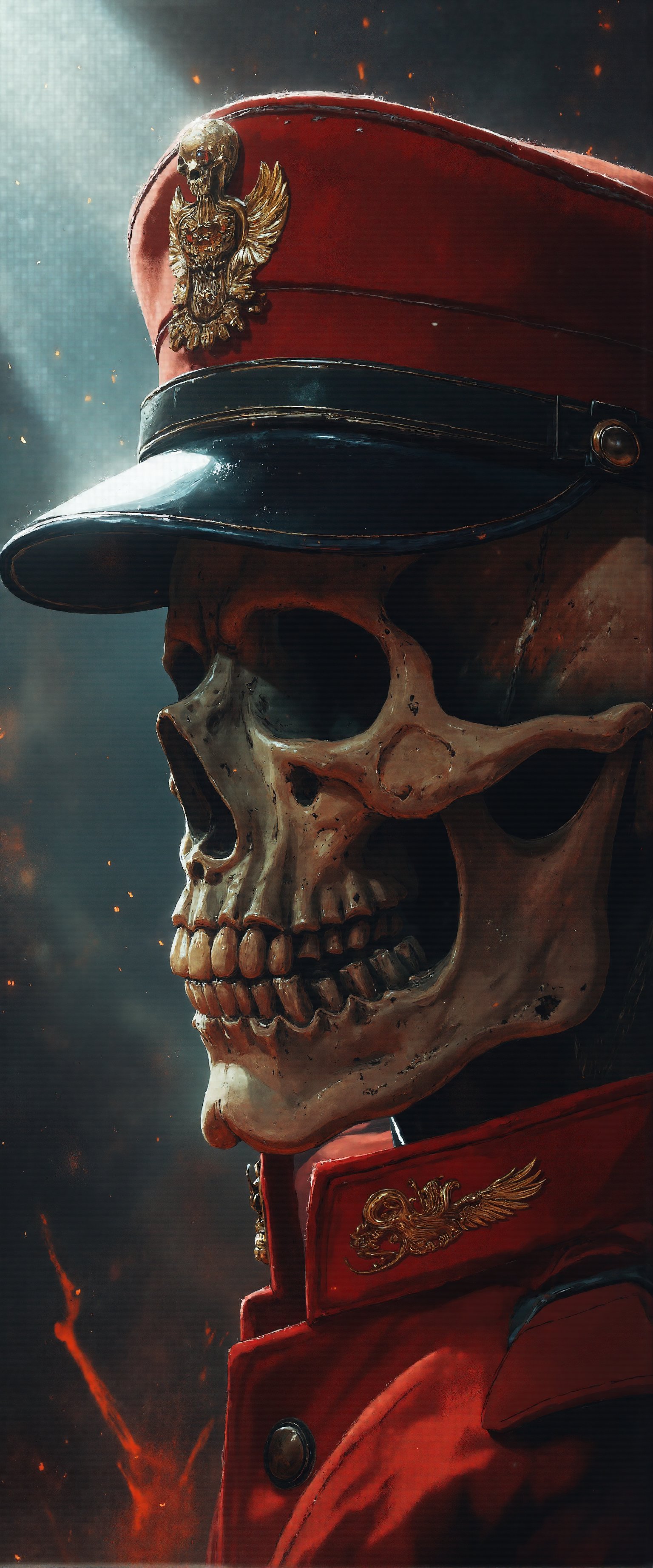 cinematic reality, film, chiarosaurio, depth of field, sadows, relfection, sparks, mists, skull with red military cap,sharp focus, detailed features, 