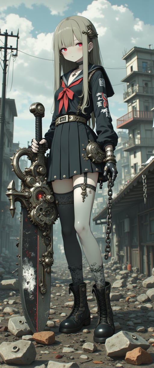 A gritty GOD EATER scene: A petite Japanese girl in a sailor school uniform miniskirt stands strong amidst the ruins of a dystopian cityscape. She brandishes an imposing, intricately detailed mechanical chainsaw-like sword with gears and rivets, its steely sheen contrasting with her fragile features. Her chained hand adds an eerie touch to her menacing aura. The desolate backdrop of dilapidated buildings, power lines, and gray skies amplifies the post-apocalyptic atmosphere. Her exquisite facial features glow amidst the ruin, as she exudes a sense of powerful danger.,ct-sensanime,ct-prettienime2,ct-anitity,ct-physmstyle2,ct-katakrat