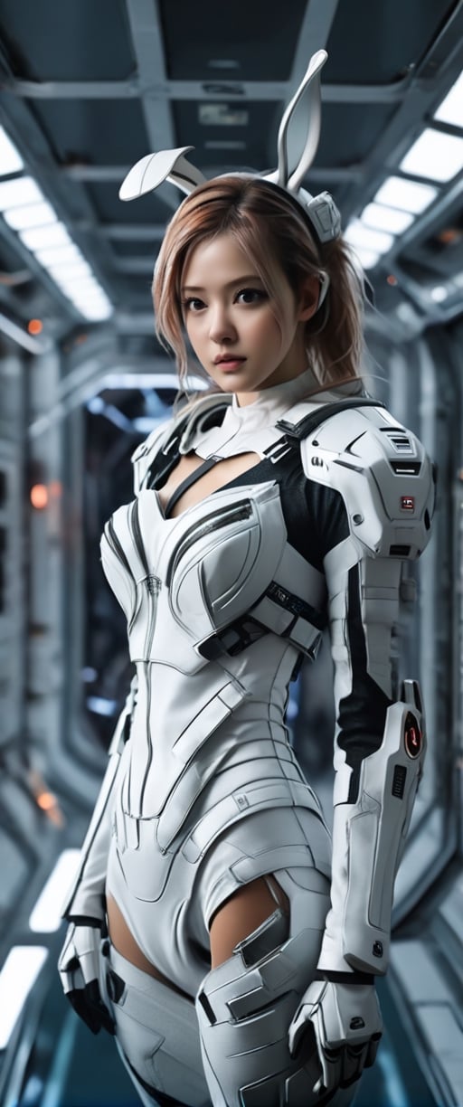 There is a woman in a futuristic suit standing on a space station, wearing cyber bunny ears, in white futuristic armor, 8k 3D rendering character art, sci-fi character, hyper realistic cyberpunk style, 8k ultra realistic cyberpunk art, science character fiction, cgsociety uhd 4k very detailed, cgsociety 8k, cgsociety 8k,roses_are_rosie