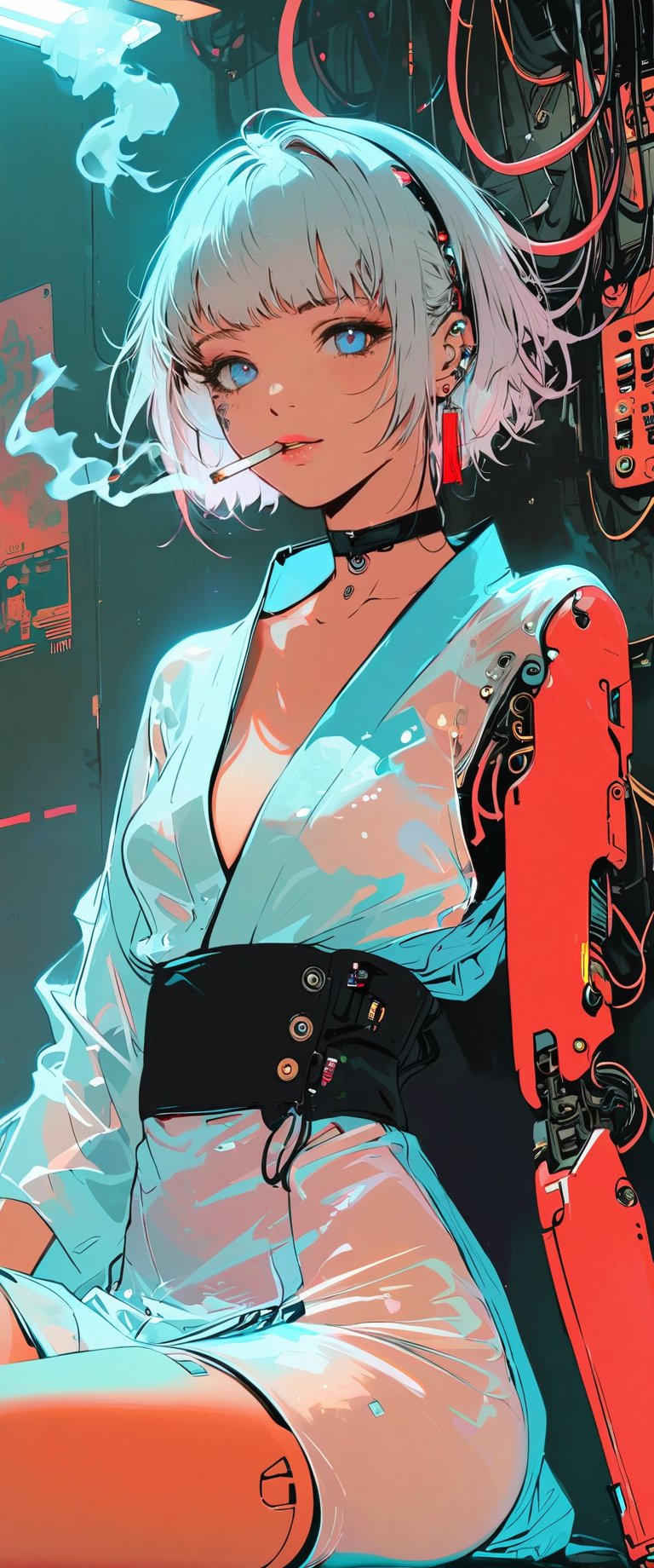 (by Carne Griffiths, Conrad Roset), 1girl,cyborg,android,mechanical, mechanical parts, mechanical joints, solo,sitting in a cyberpunk club, looking at viewer, short hair, bangs, , jewelry,, white hair, earrings, japanese transparent clothes, , choker,  transparent kimono,pleasure android, black choker, cyberpunk, smoke, cigarette, plastic kimono,sexy, smoking, egasumi m3,Dark Manga of,Dark Anime of,anime, ct-goeuun