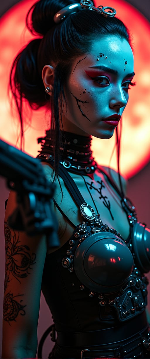  Full body shot, Cyberpunk, Gothic, Biomechanical geisha shaman woman, Holding a plasma gun, White porcelain skin texture, Japan native interior, Cyborg, Hologram reflections and holographic effect, Iron Venetian mask, abstract cubist, Perfect Composition, High Contrast, Atmospheric, Moody, Raw photo, realistic, cinematic lighting, soft shadows, sharp focus, fractal, colorful, depth of field, best quality, 16k resolution,
,ct-animepopstyle,anime,style of Mattias Adolfsson,ct-sensual, ct-skyzo_identity