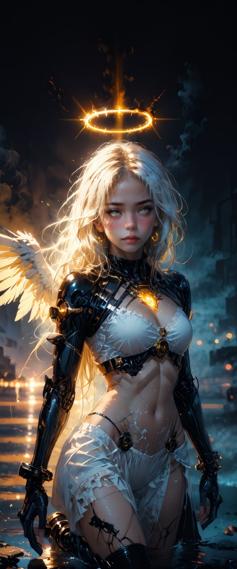  1girl, solo, long hair,facing the camara, kneeling,fallen angel, semi nude, wings, fog , mist, water, halo, angel wings, neon light, angel, yellow theme, yellow neon light, chest bandage, ,neon text "HELL"", mechanical parts, mechanical joints,ct-virtual,dal-27,dal-1