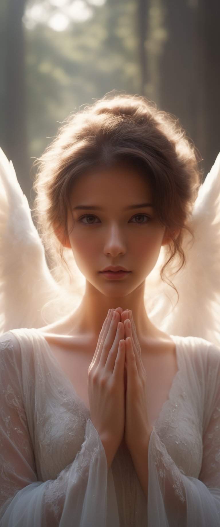 eyes closed looking upside, praying hands, beautiful angel wiht large wings, perfect hands, perfect fingers, (best quality, 4k, 8k, highres, masterpiece:1.2), ultra-detailed, (realistic, photorealistic, photo-realistic:1.37), cinematic, inner glowing shining, transparent body, beautiful detailed eyes, beautiful detailed lips, extremely detailed eyes and face, long eyelashes, soft flowing hair, graceful pose, ethereal atmosphere, soft ambient lighting, subtle color grading, sublime beauty, sublime beauty, ethereal background, captivating aura, magical scene, gentle mist, serene environment, surreal ambiance, impeccable composition, vivid colors, luminous glow, fantasy element, mysterious charm, dreamlike quality, hauntingly beautiful, peaceful expression, serene atmosphere, effortless elegance, enchanting allure, mesmerizing presence, sublime grace, angel wings, transcendent beauty, dinamic pose, cinematic