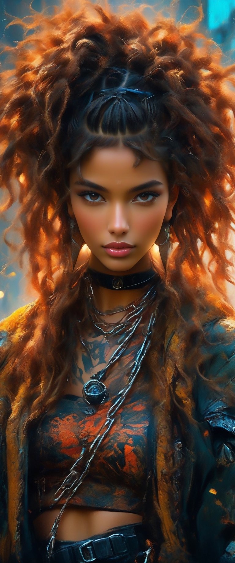 masterpiece, high_res, high quality,, epic fantasy illustration, dark colors palette, ink drawning, fiction, incredibly beautiful and attractive sexy  woman  (very detailed outfit:1.3). [cyberpunk punk, half shaved head, undercut, earrings prisoser, leather outfitt, chains]. Dark and gothic. (detailed hair, detailed eyes, detailed hair:1.3) ,#Anime, , 