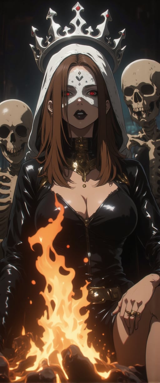 A dramatic shot frames the woman in a black leather outfit, adorned with a striking white mask and regal crown, her face painted with bold black eye makeup against her vibrant brown hair. Before her, a blazing fire burns brightly, its warmth and light contrasted by the stark black and white backdrop. To either side, two skeletons loom, their bony forms adding an eerie presence to the scene.