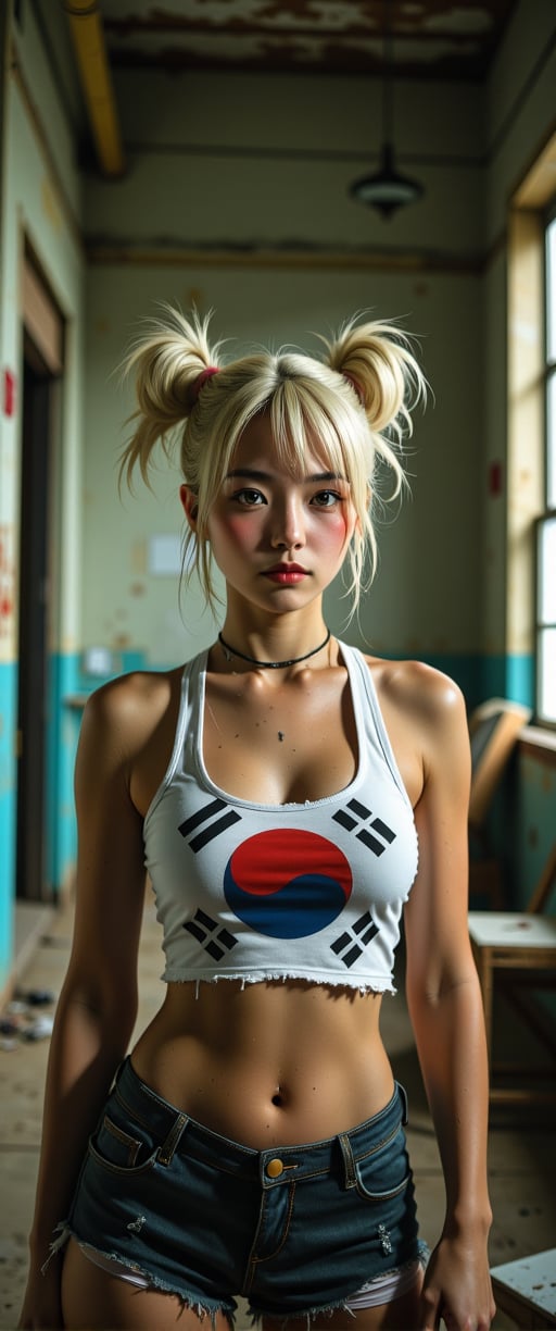 Close-up shot of a platinum-blonde woman with pale skin and athletic build, standing amidst a gritty, rundown room. Her punk-inspired outfit features a torn white crop top with the korean flag design, revealing her midriff. The pigtails are styled high on either side of her head, framing her determined expression. Harsh lighting casts deep shadows, accentuating the worn walls and decaying furniture in the background.