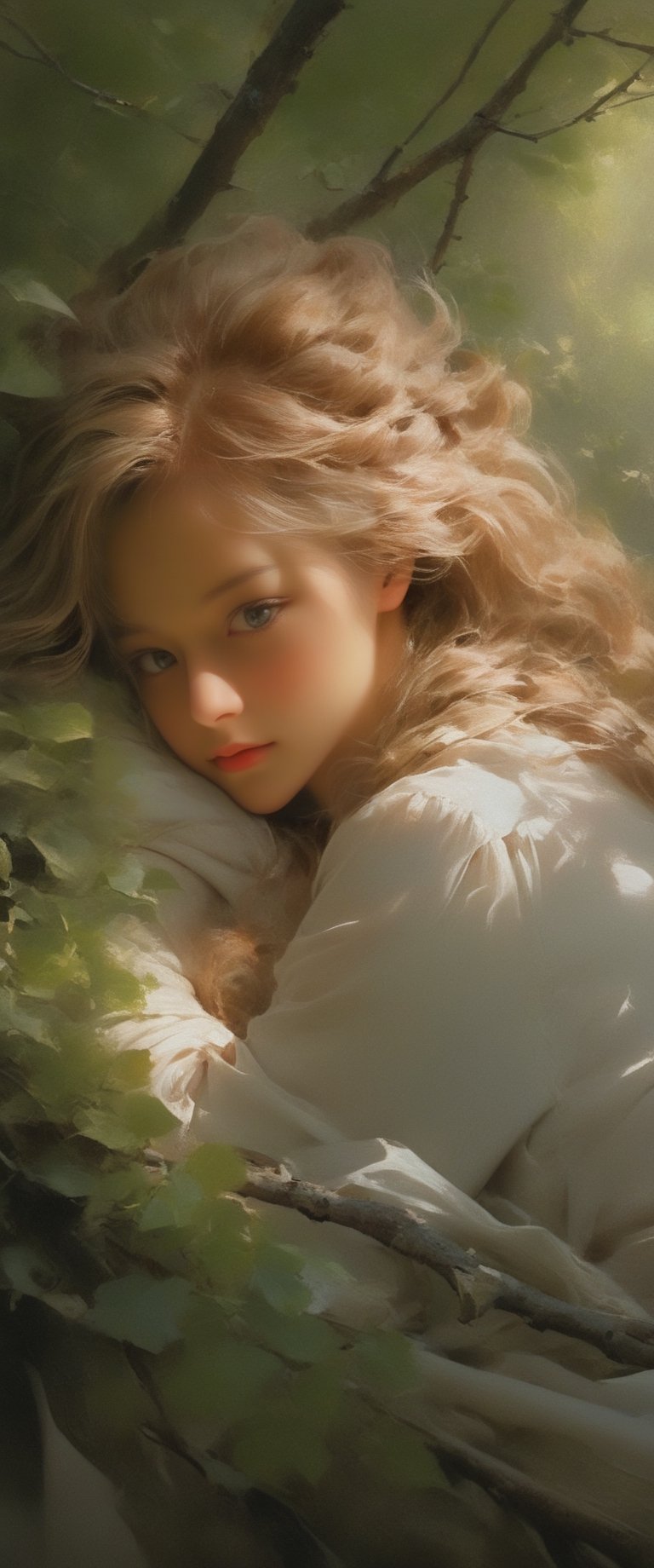 breathtaking ethereal RAW photo of female (A girl is curled up sleepily on a tree branch. She is slowly closing her eyes while she gently rests her head on her one hand. A gentle breeze blows her hair. The afternoon sun shines through the leaves of the trees, creating a warm and peaceful atmosphere around her. It looks like they are relaxing in nature.


 )), dark and moody style, perfect face, outstretched perfect hands . masterpiece, professional, award-winning, intricate details, ultra high detailed, 64k, dramatic light, volumetric light, dynamic lighting, Epic, splash art .. ), by james jean $, roby dwi antono $, ross tran $. francis bacon $, michal mraz $, adrian ghenie $, petra cortright $, gerhard richter $, takato yamamoto $, ashley wood, tense atmospheric, , , , sooyaaa,IMGFIX,Comic Book-Style,Movie Aesthetic,action shot,photo r3al,bad quality image,oil painting, cinematic moviemaker style,Japan Vibes,H effect,koh_yunjung ,koh_yunjung,kwon-nara,sooyaaa,colorful,roses_are_rosie,armor,han-hyoju-xl
,BJ_Teenage_Fantasy