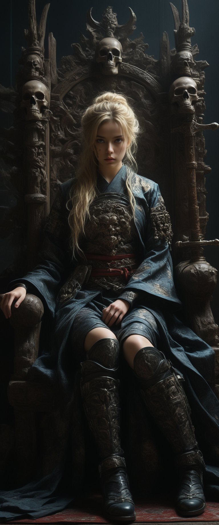 breathtaking RAW photo of female (Hayao Miyazaki style ~ ((20 years old)) Scandinavian blonde female warrior sitting on a bone throne, red armor, highly detailed and intricate, dynamic pose, more detail XL, tetradic colors, epic masterpiece, cinematic experience, 8k, dark fantasy digital art

)), dark and moody style, perfect face, outstretched perfect hands . masterpiece, professional, award-winning, intricate details, ultra high detailed, 64k, dramatic light, volumetric light, dynamic lighting, Epic, splash art .. ), by james jean $, roby dwi antono $, ross tran $. francis bacon $, michal mraz $, adrian ghenie $, petra cortright $, gerhard richter $, takato yamamoto $, ashley wood, tense atmospheric, , , , sooyaaa,IMGFIX,Comic Book-Style,Movie Aesthetic,action shot,photo r3al,bad quality image,oil painting, cinematic moviemaker style,Japan Vibes,H effect,koh_yunjung ,koh_yunjung,kwon-nara,sooyaaa,colorful,bones,skulls,armor,han-hyoju-xl ,DonMn1ghtm4reXL, ct-fujiii
,oiran,furisode,ct-jeniiii, ct-goeuun,yaya, HanFu,golden kimono,kamado nezuko,sword maiden,theresa apocalypse,koling,ct-rosseeiiee,ct-rosseeiiee,ct-virtual